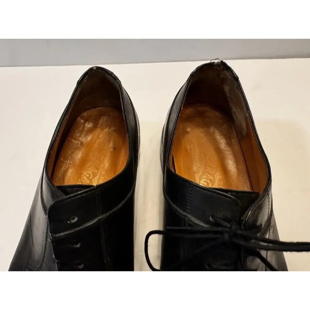 10.5 D Salvatore Ferragamo Black Leather Apron Toe Derby Lug Sole Italy